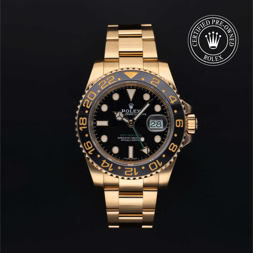 Rolex Certified Pre-owned GMT II M116718LN-0002 front on black background
