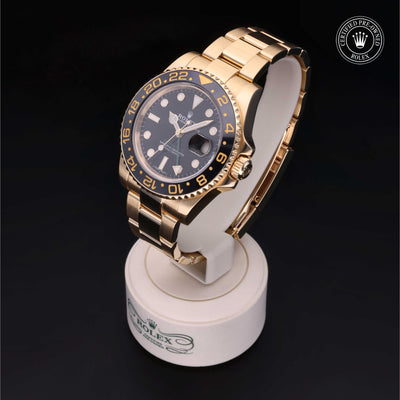Rolex Certified Pre-owned GMT II M116718LN-0002 front on black background