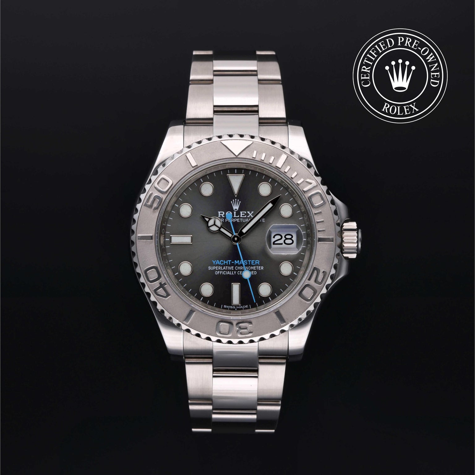 Rolex Certified Pre-owned Yacht-Master M116622-0003 front on black background