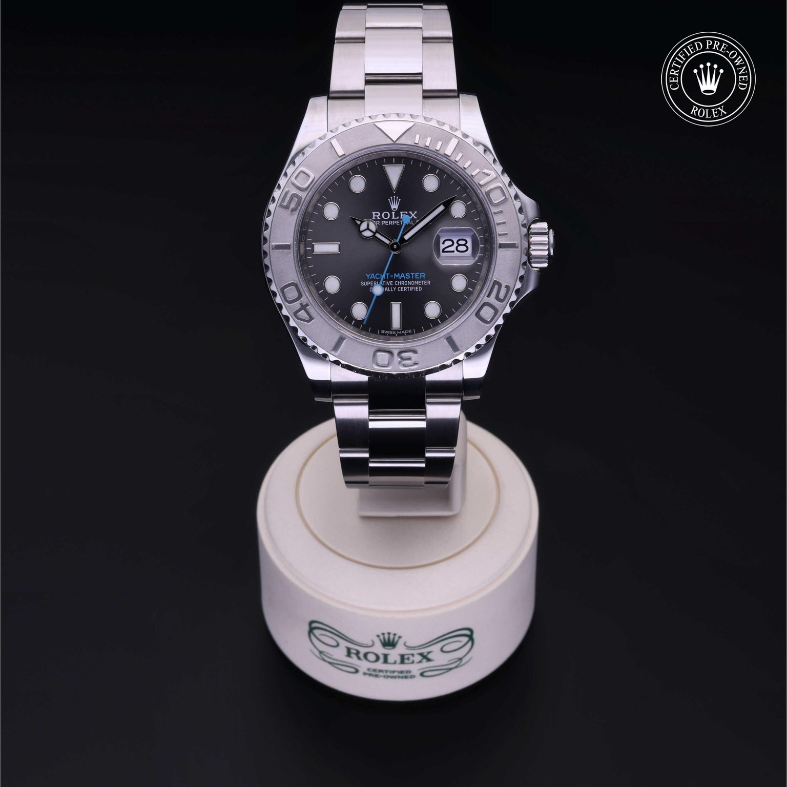 Rolex Certified Pre-owned Yacht-Master M116622-0003 front on black background
