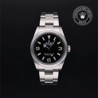 Rolex Certified Pre-owned Explorer M124270-0001 front on black background