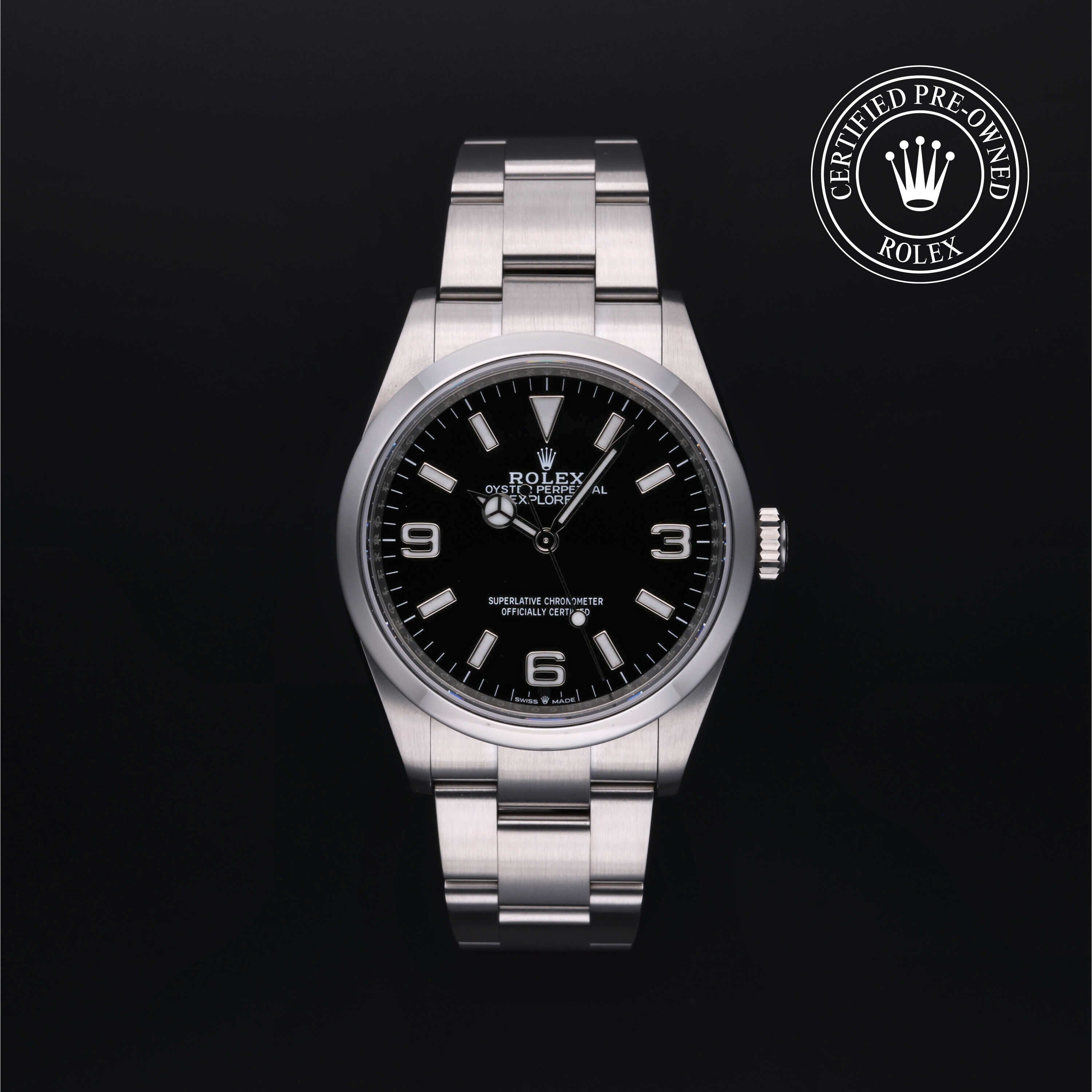 Rolex Certified Pre-owned Explorer M124270-0001 front on black background