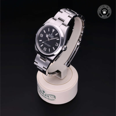 Rolex Certified Pre-owned Explorer M124270-0001 front on black background