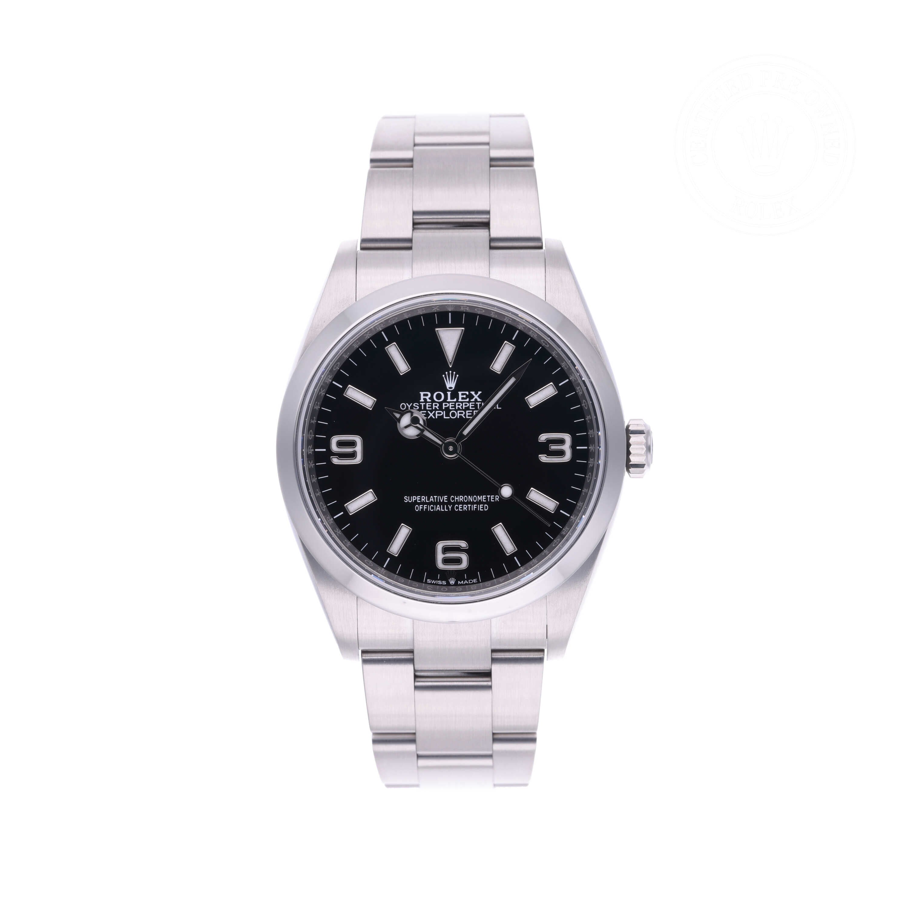 Rolex Certified Pre-owned Explorer M124270-0001 front on white background