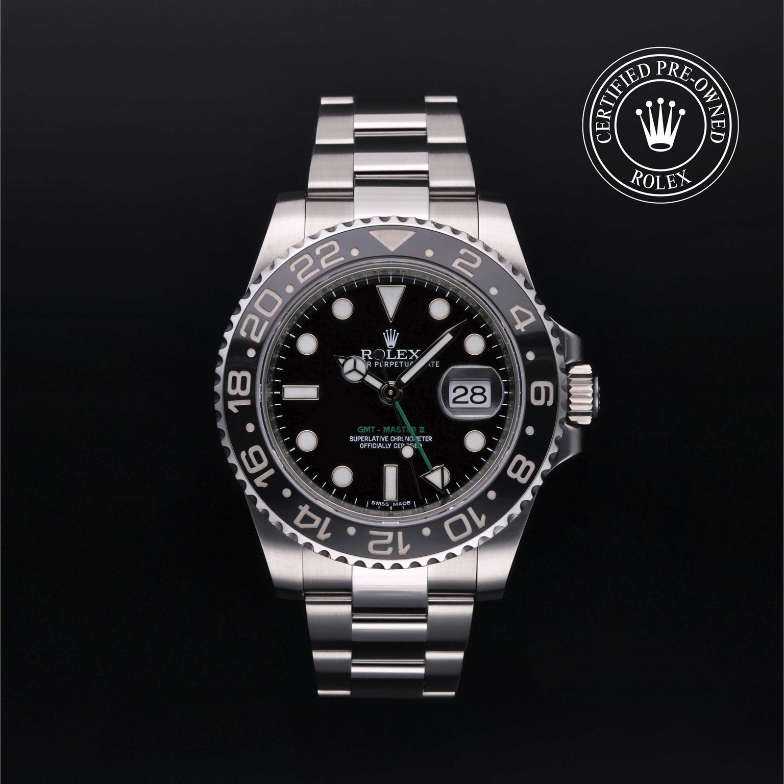 Rolex Certified Pre-owned GMT M116710LN-0001 front on black background