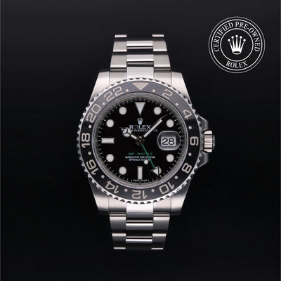 Rolex Certified Pre-owned GMT M116710LN-0001 front on black background