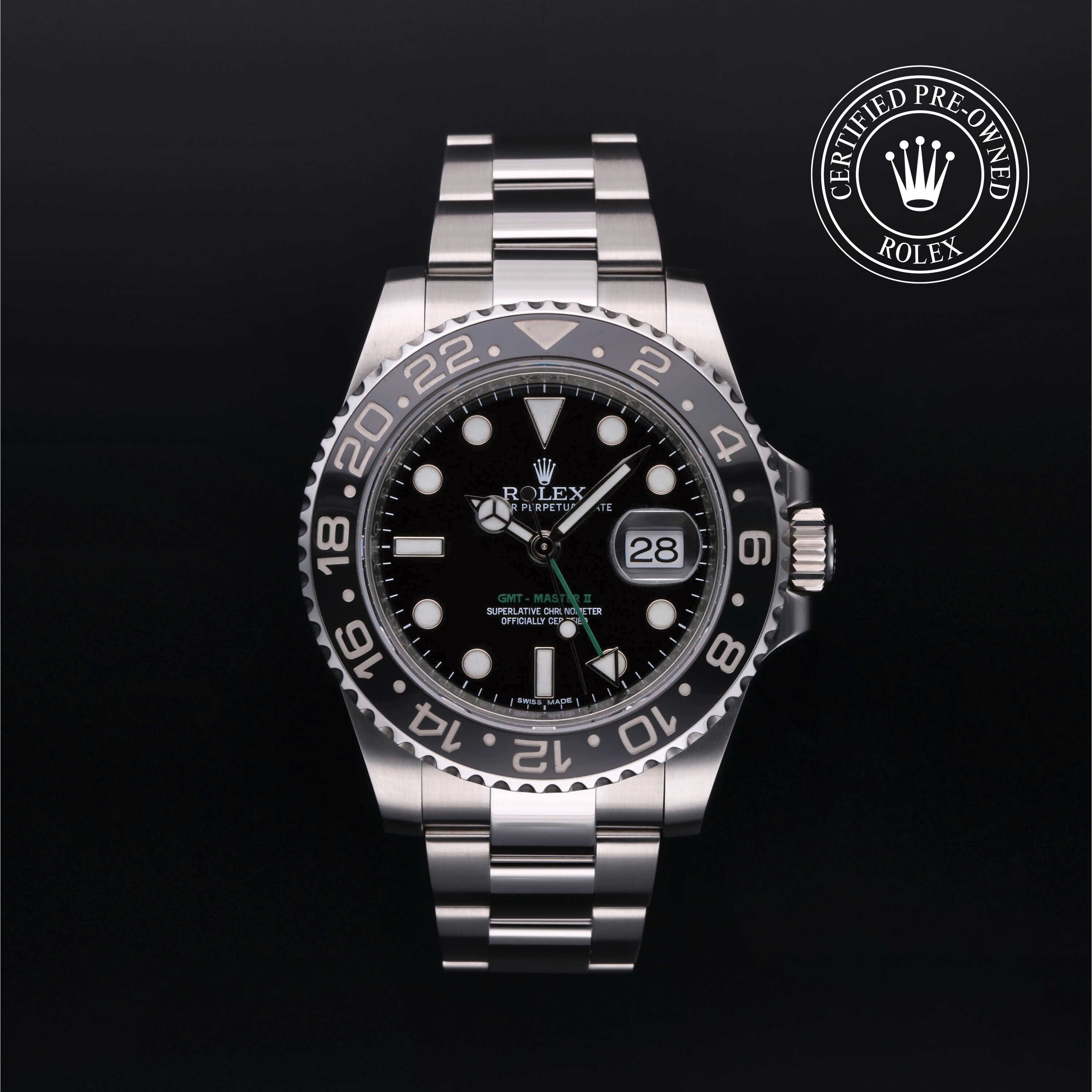 Rolex Certified Pre-owned GMT M116710LN-0001 front on black background