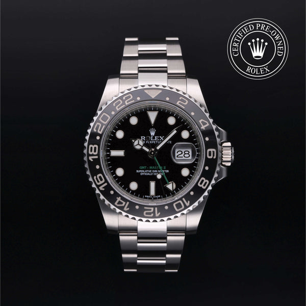 Rolex Certified Pre-owned GMT M116710LN-0001 front on black background