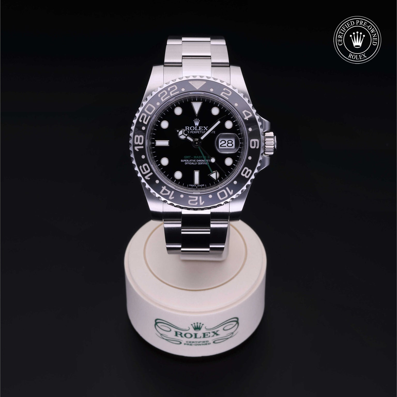 Rolex Certified Pre-owned GMT M116710LN-0001 front on black background