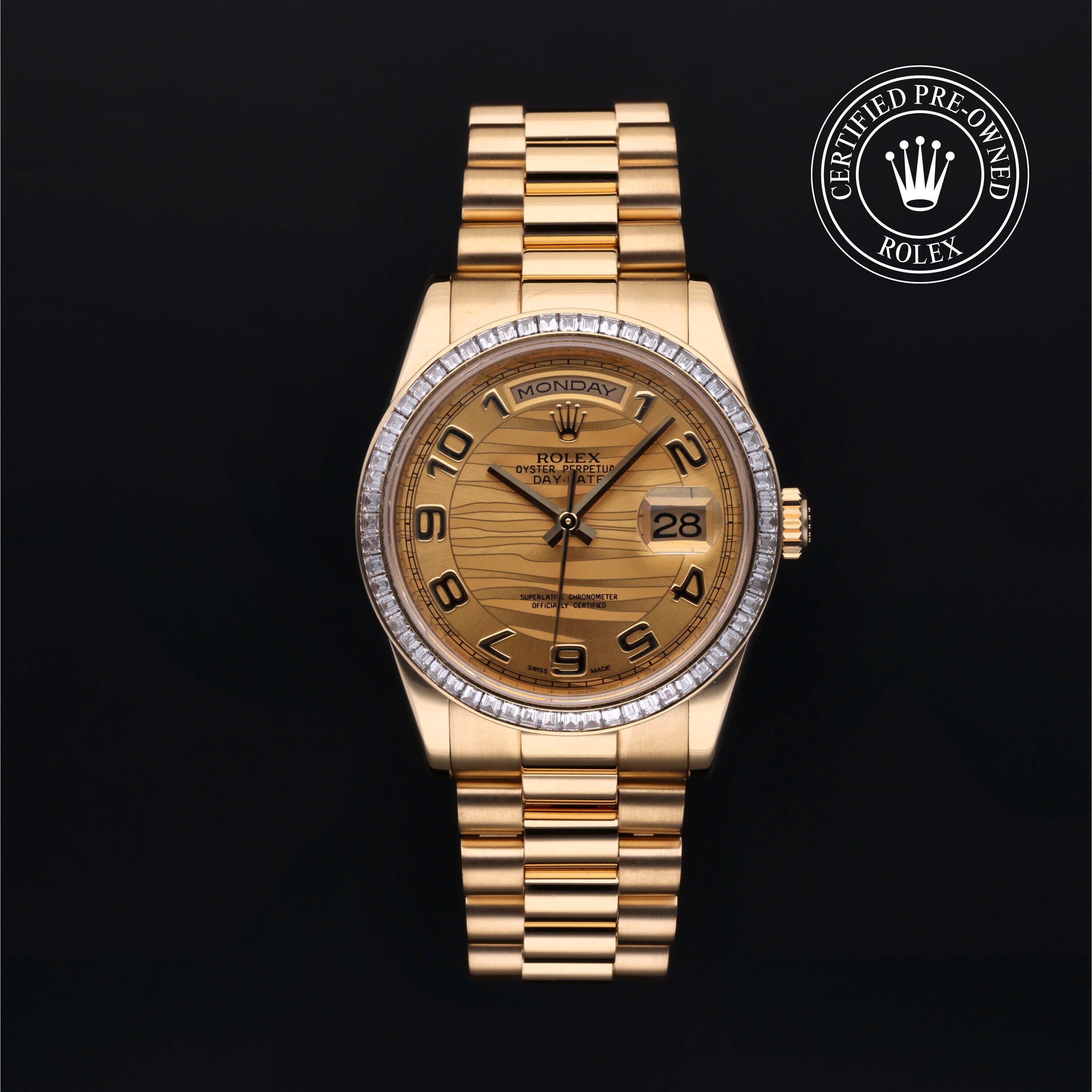 Rolex Certified Pre-owned Day-date M118398BR-0029 front on black background