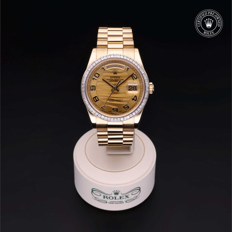 Rolex Certified Pre-owned Day-date M118398BR-0029 front on black background