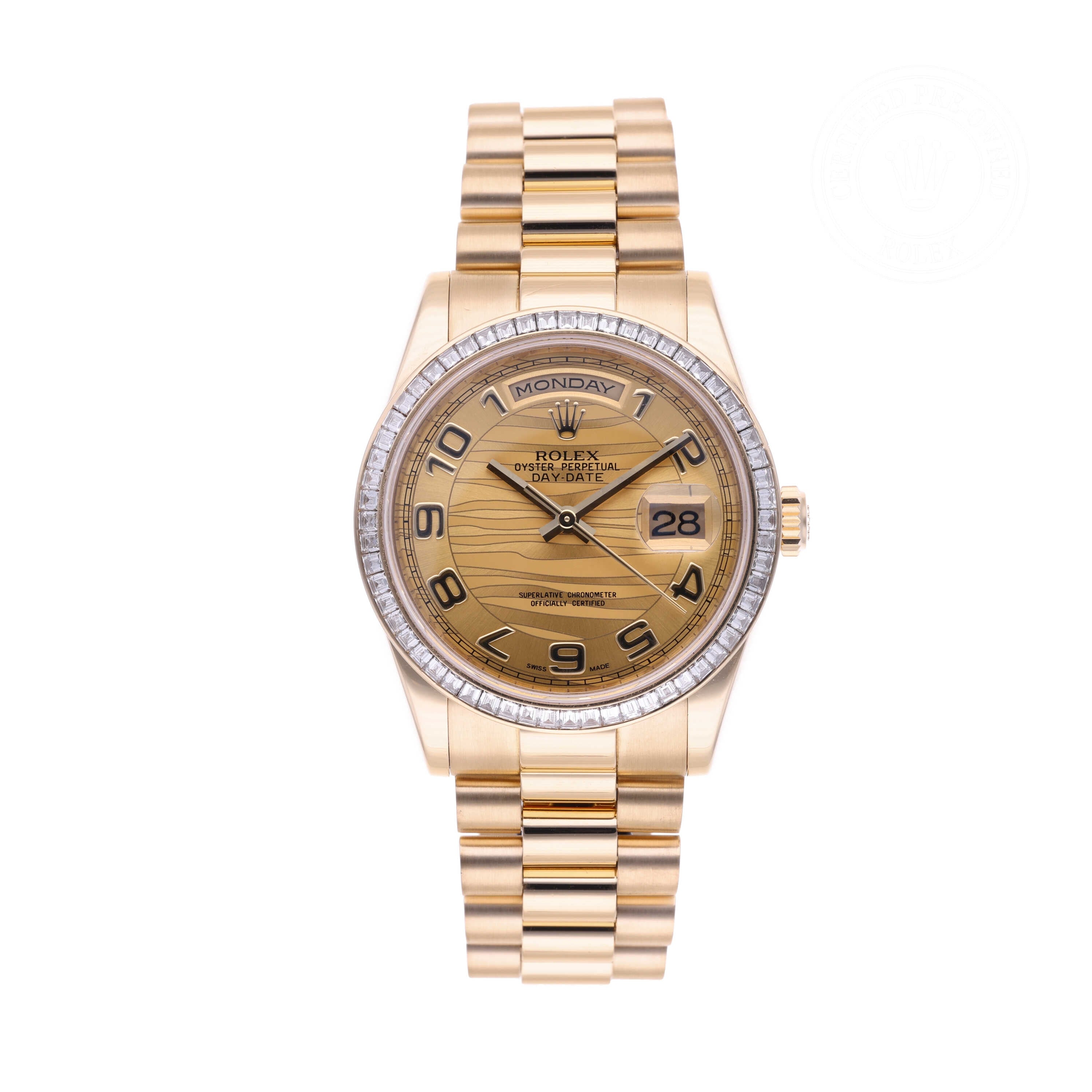 Rolex Certified Pre-owned Day-date M118398BR-0029 front on white background