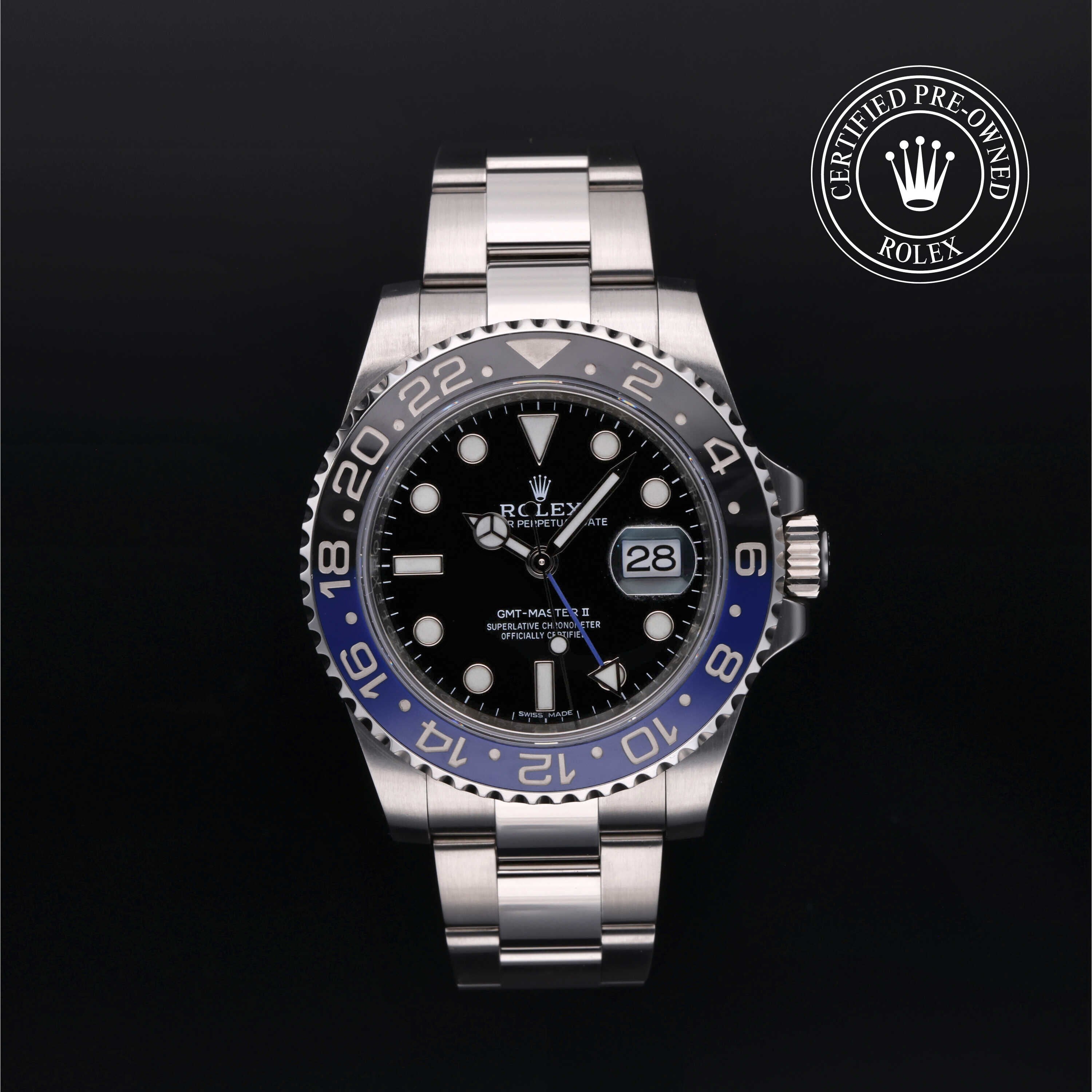 Rolex Certified Pre-owned GMT M116710BLNR-0002 front on black background