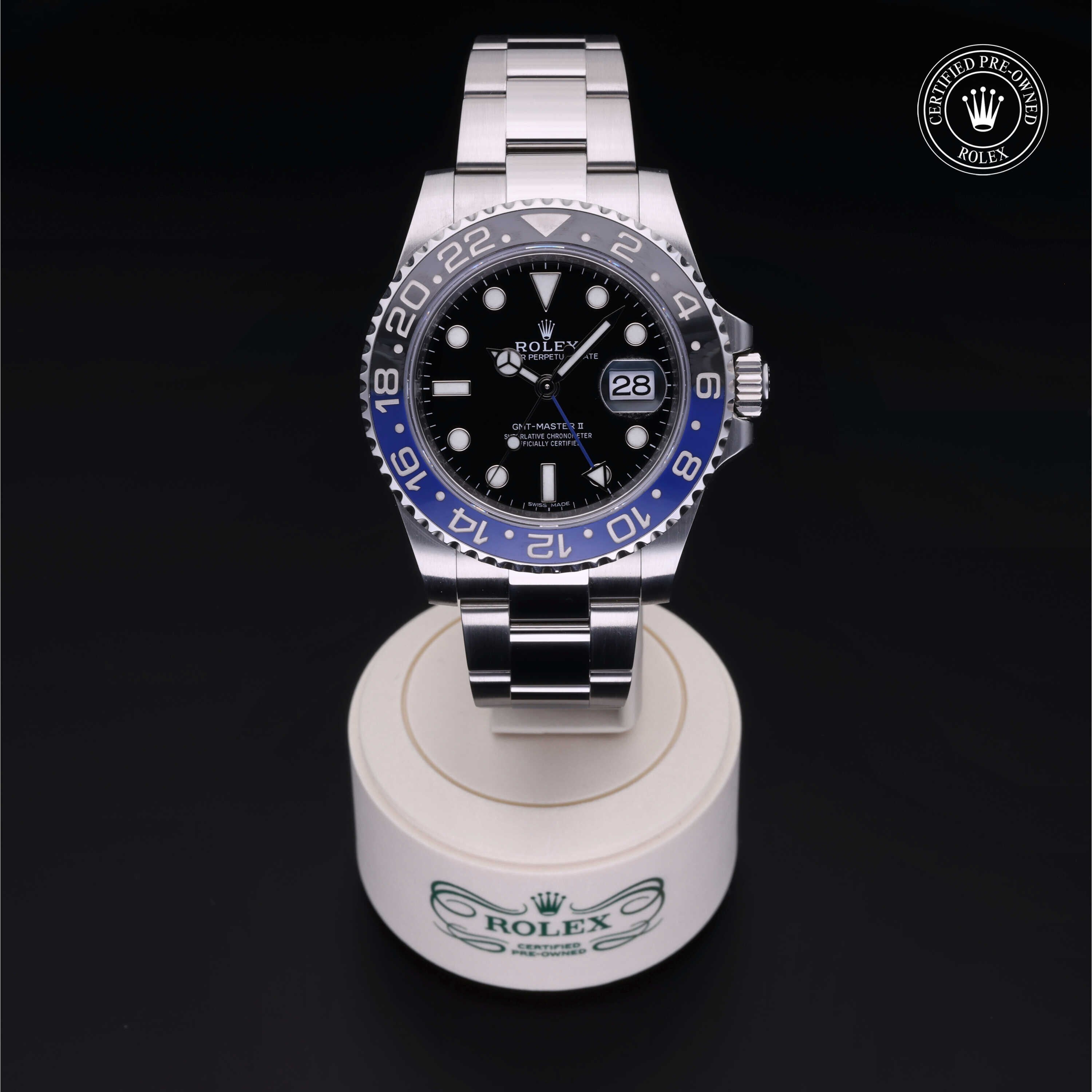 Rolex Certified Pre-owned GMT M116710BLNR-0002 front on black background