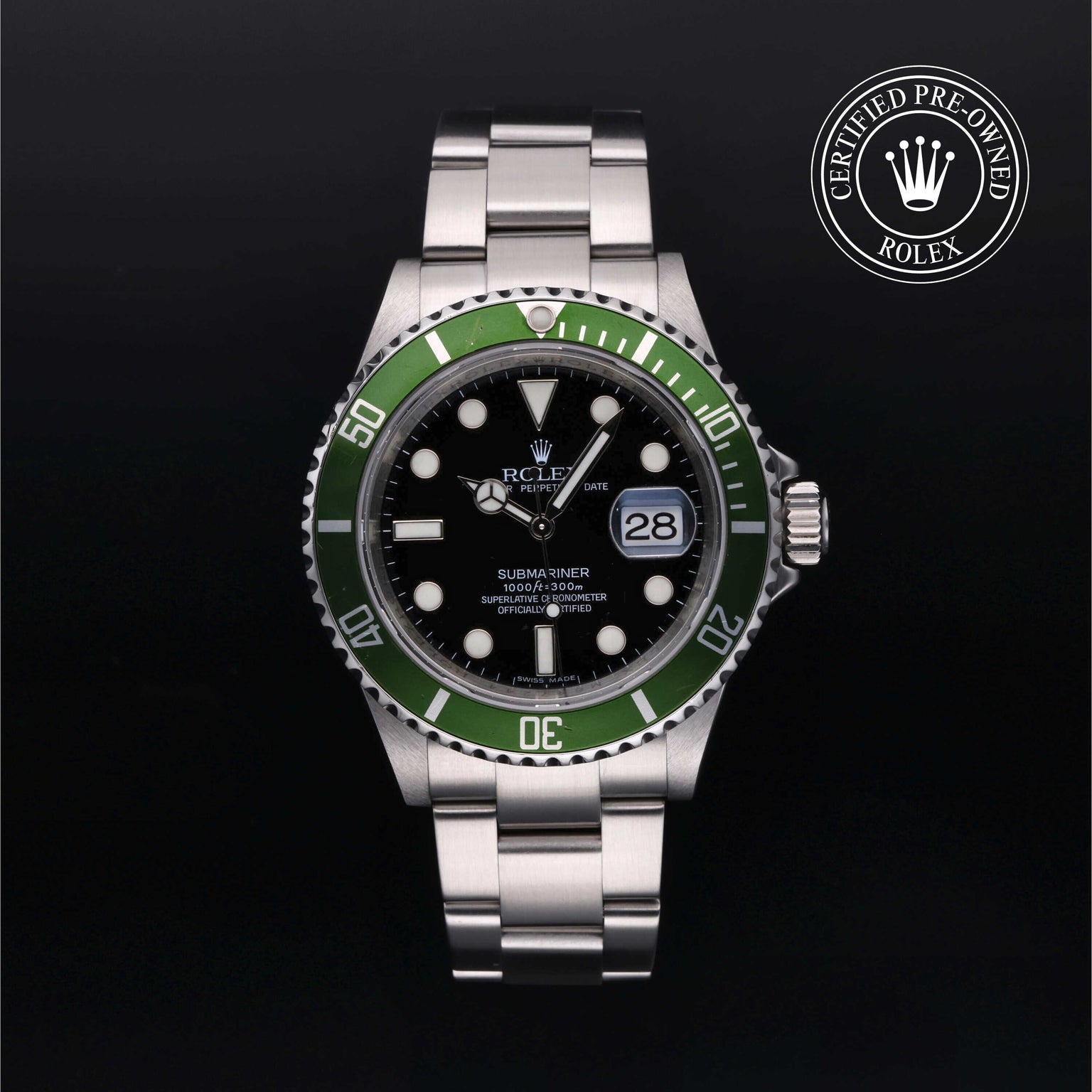 Rolex Certified Pre-owned Submariner Date M16610LV-0002 front on black background