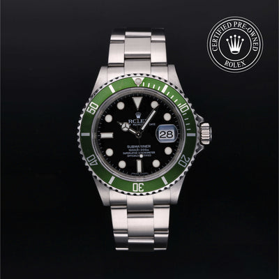 Rolex Certified Pre-owned Submariner Date M16610LV-0002 front on black background