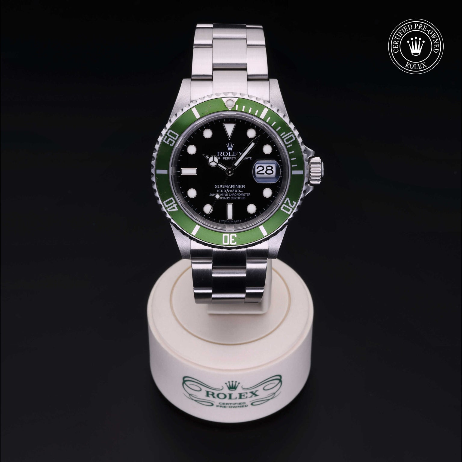 Rolex Certified Pre-owned Submariner Date M16610LV-0002 front on black background