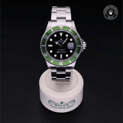 Rolex Certified Pre-owned Submariner Date M16610LV-0002 front on black background