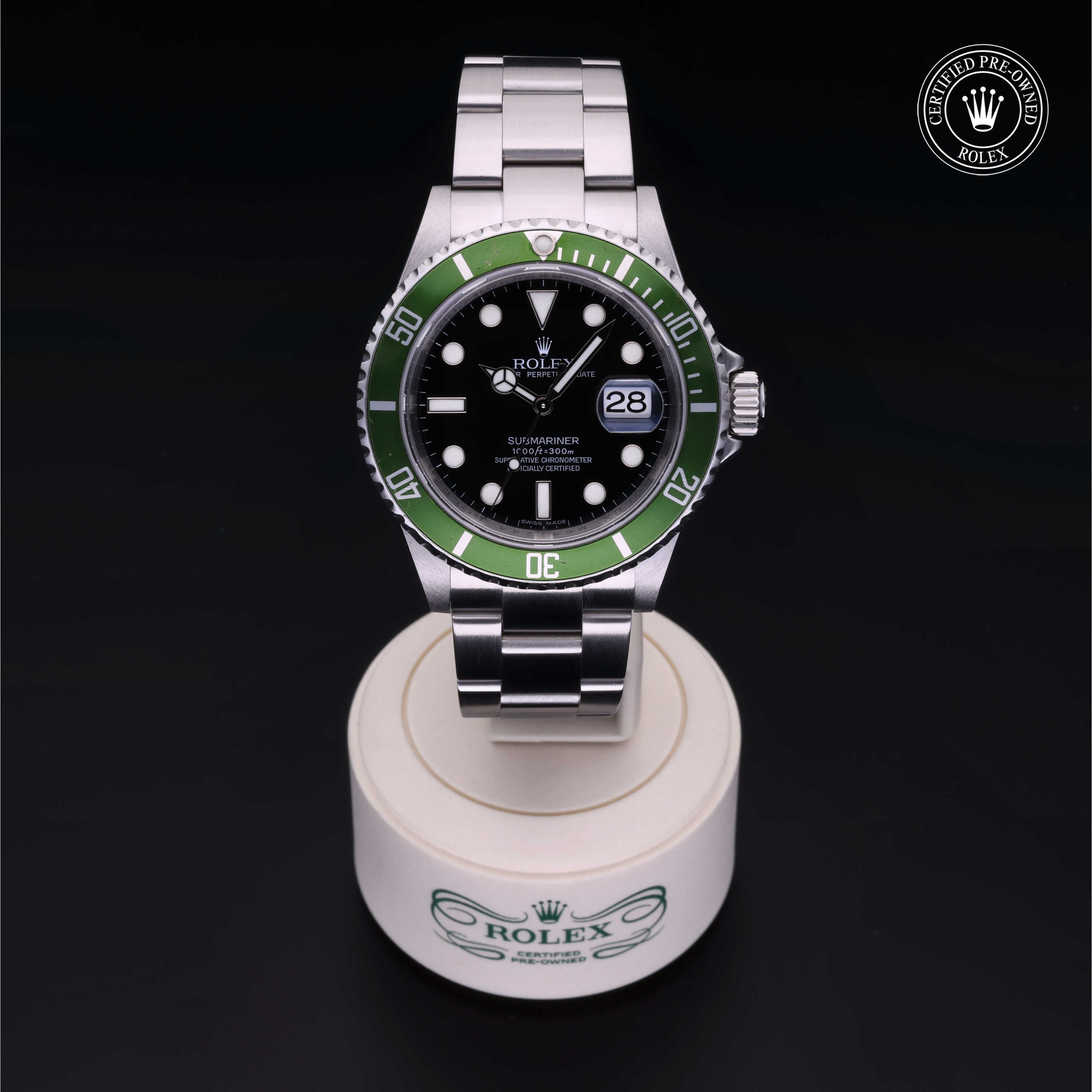 Rolex Certified Pre-owned Submariner Date M16610LV-0002 front on black background