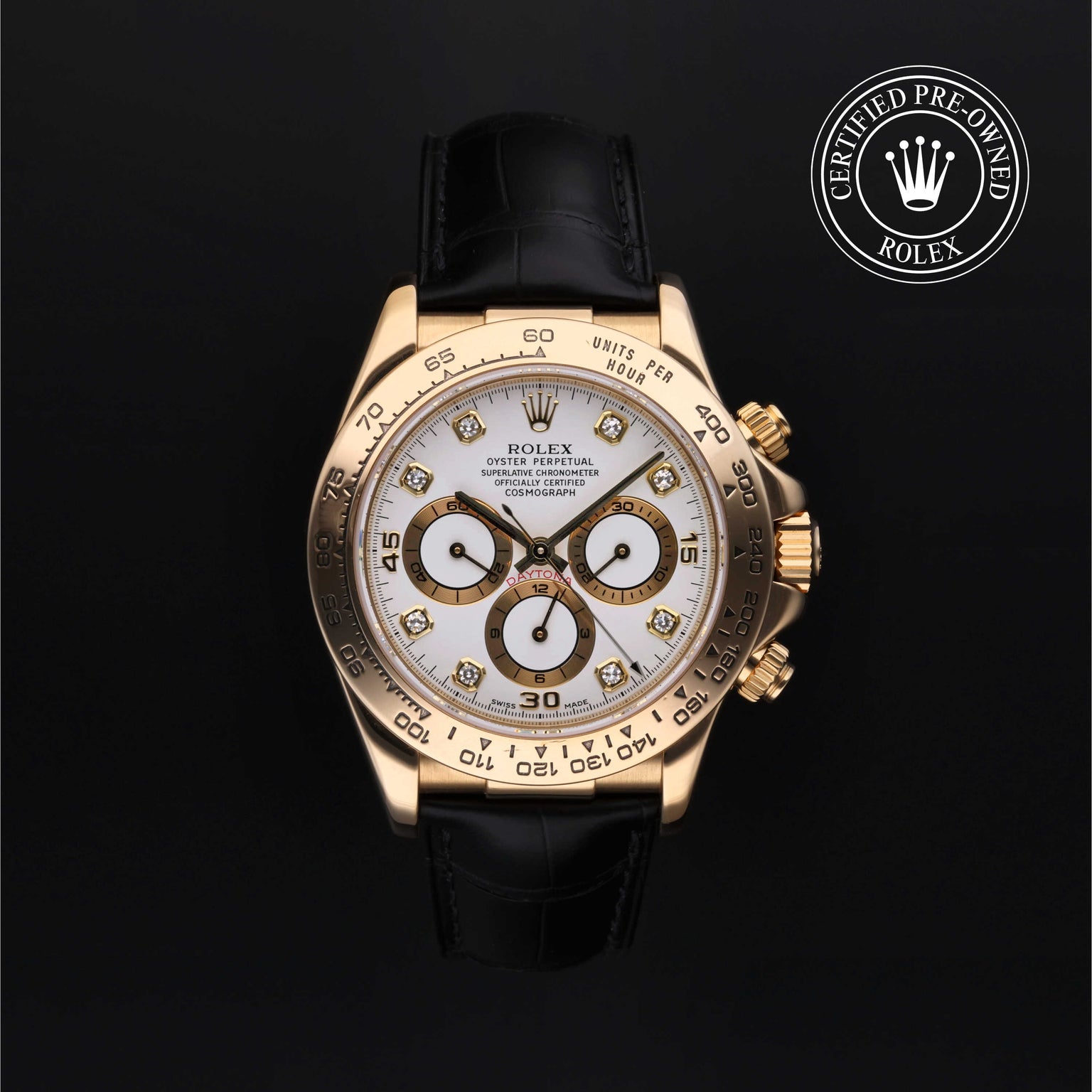 Rolex Certified Pre-owned Daytona M16518-0009 front on black background