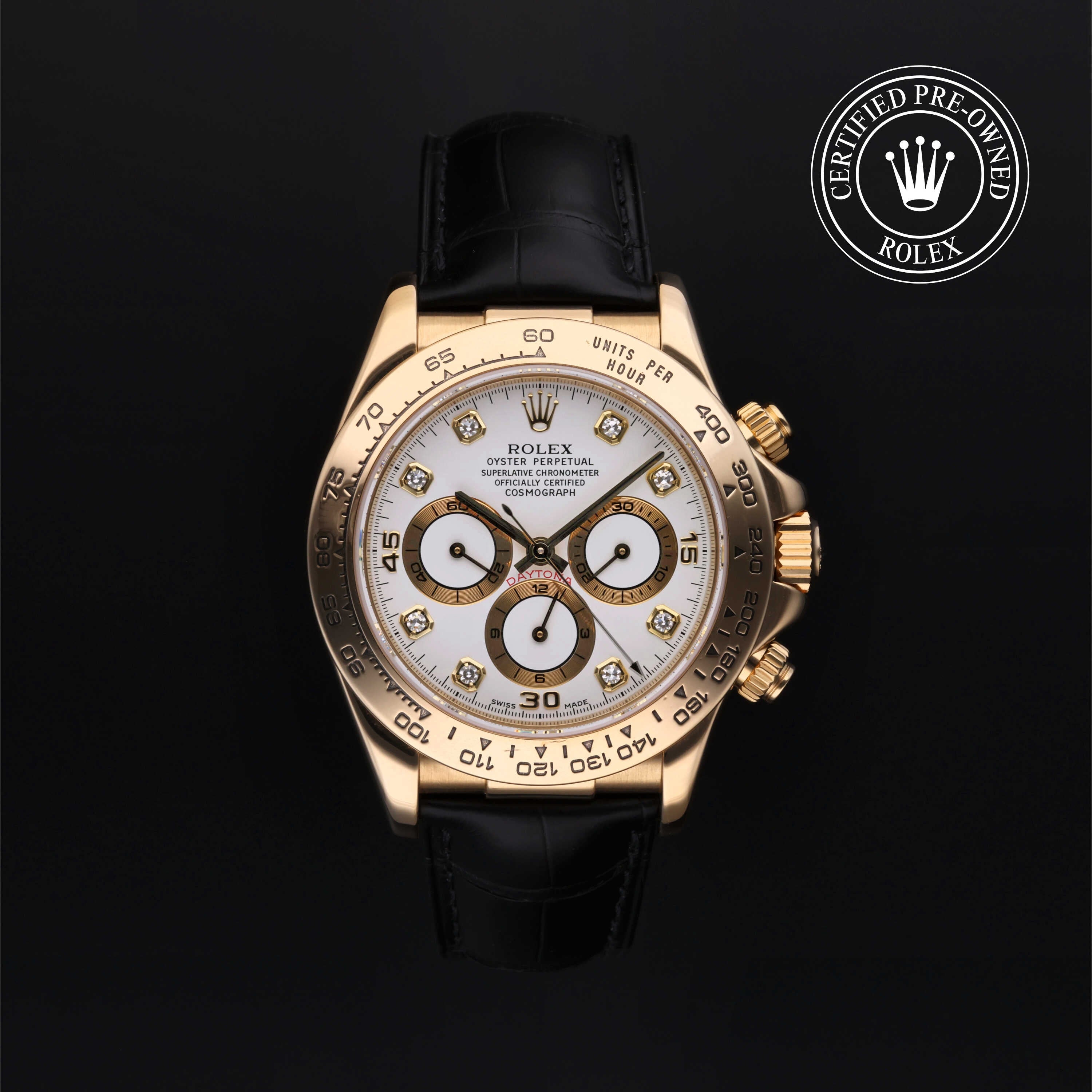 Rolex Certified Pre-owned Daytona M16518-0009 front on black background