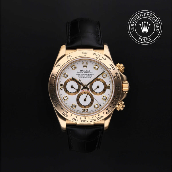 Rolex Certified Pre-owned Daytona M16518-0009 front on black background