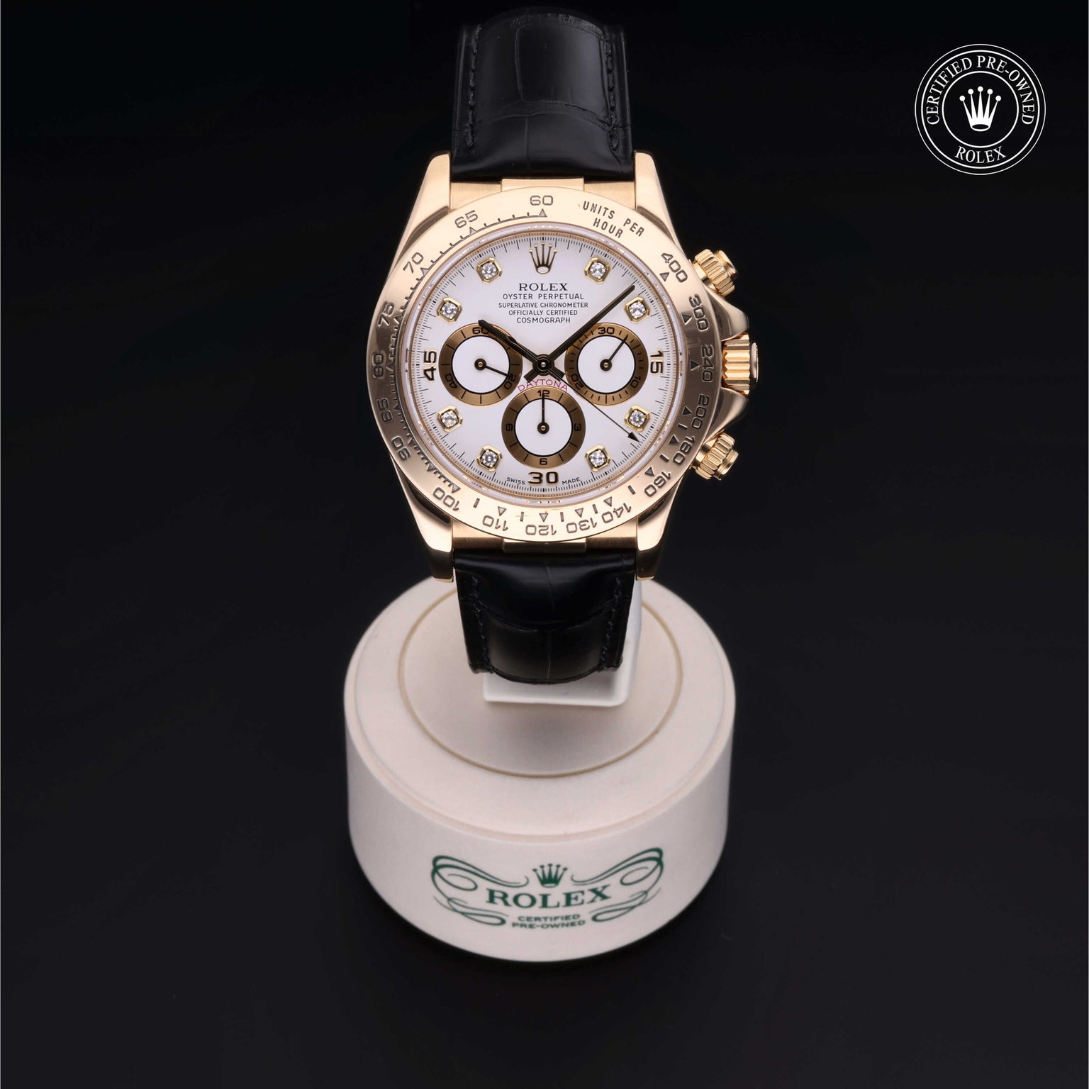 Rolex Certified Pre-owned Daytona M16518-0009 front on black background