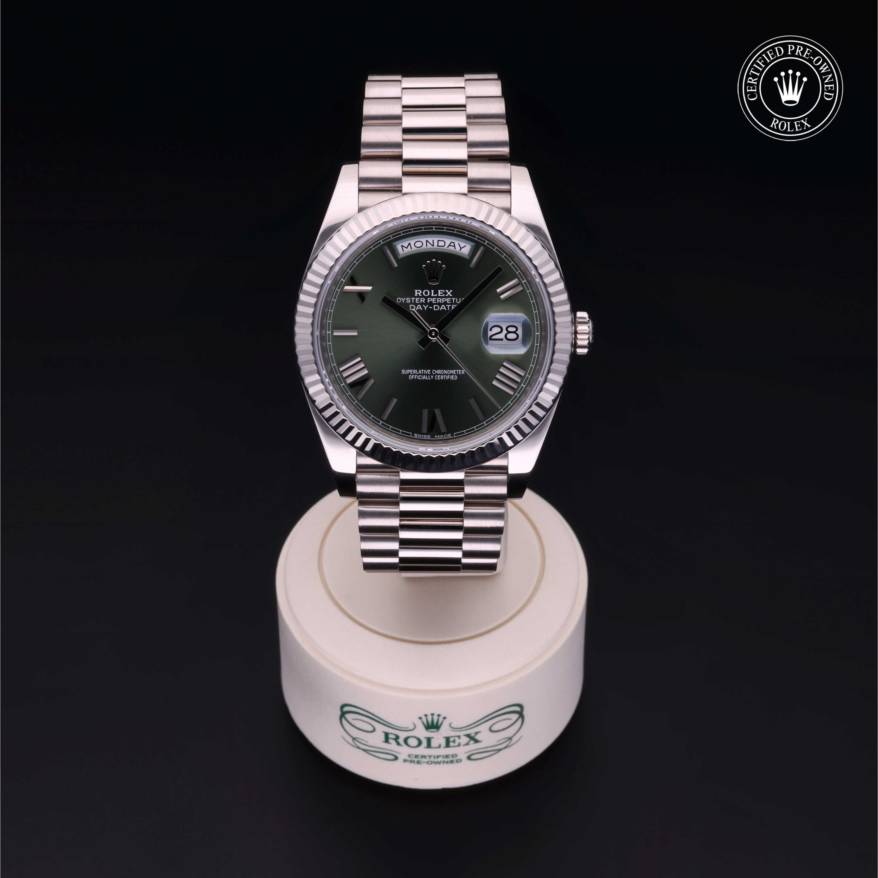 Rolex Certified Pre-owned Day-date M228239-0033 front on black background