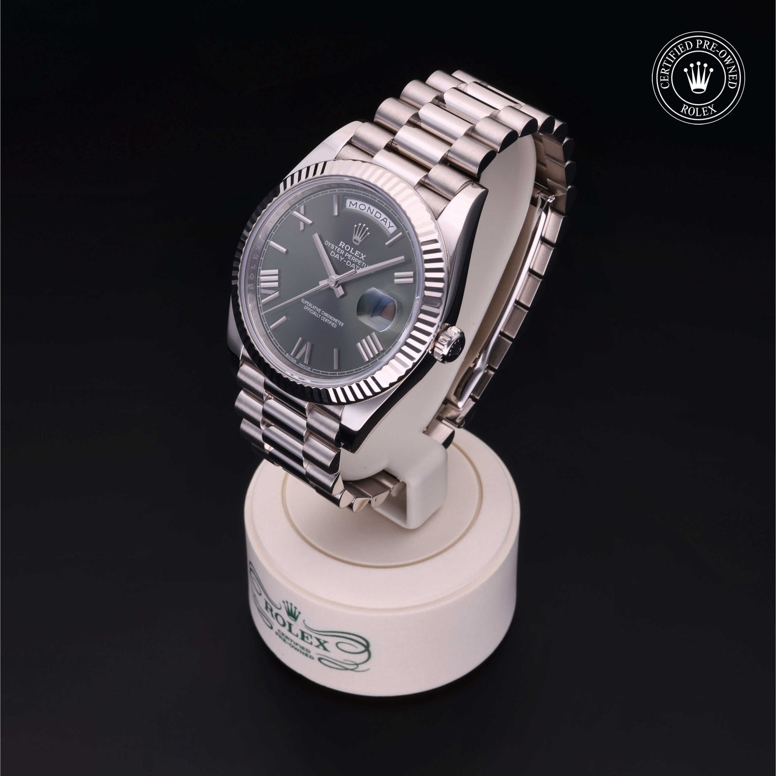 Rolex Certified Pre-owned Day-date M228239-0033 front on black background