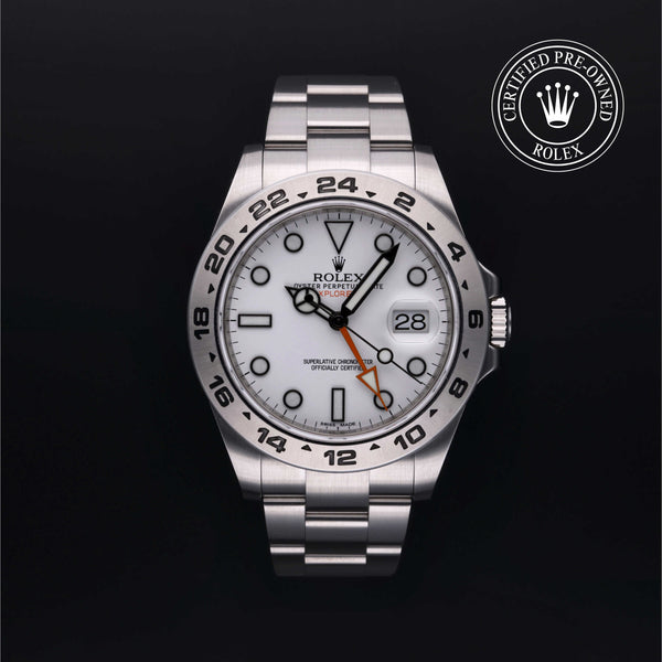 Rolex Certified Pre-owned Explorer II M216570-0001 front on black background