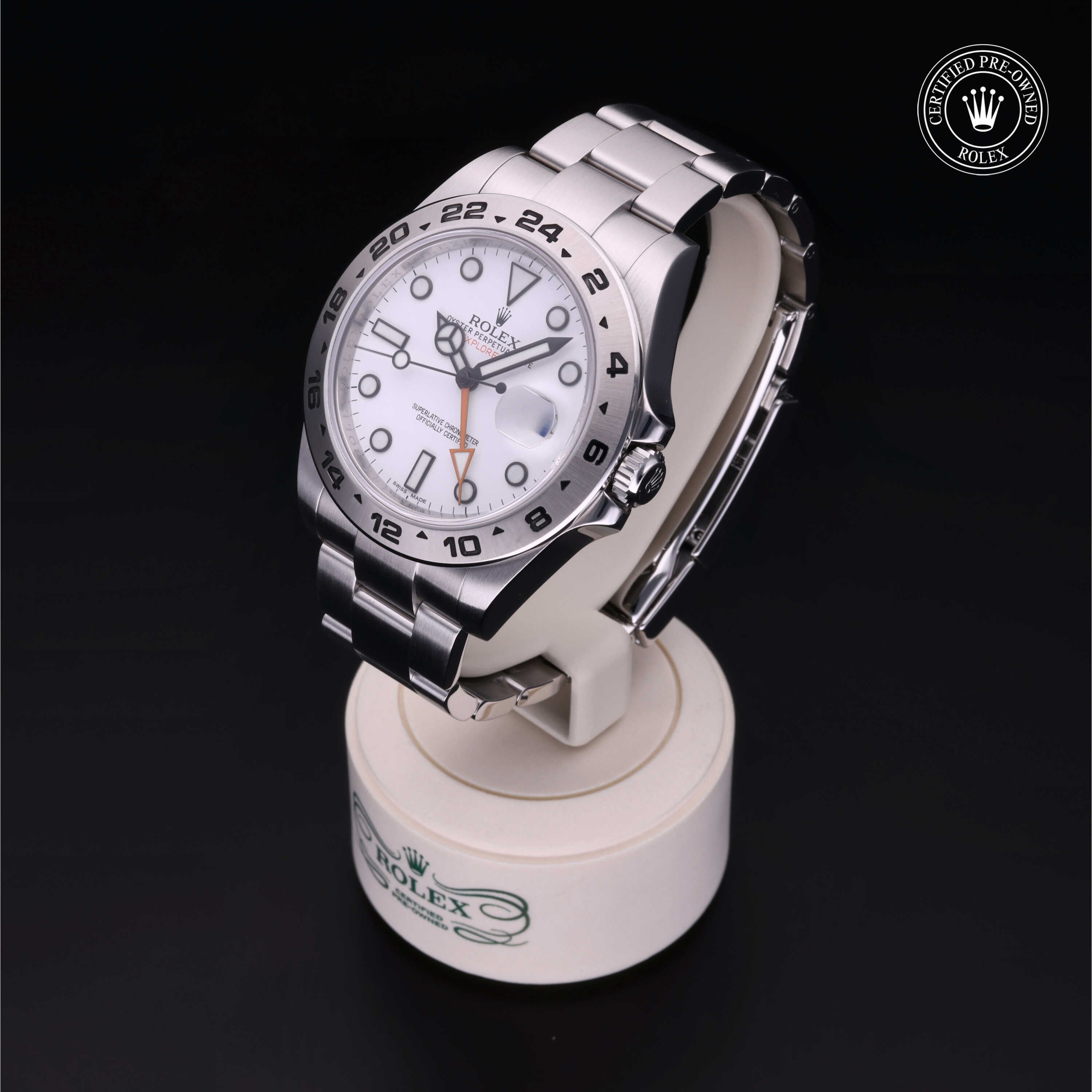 Rolex Certified Pre-owned Explorer II M216570-0001 front on black background