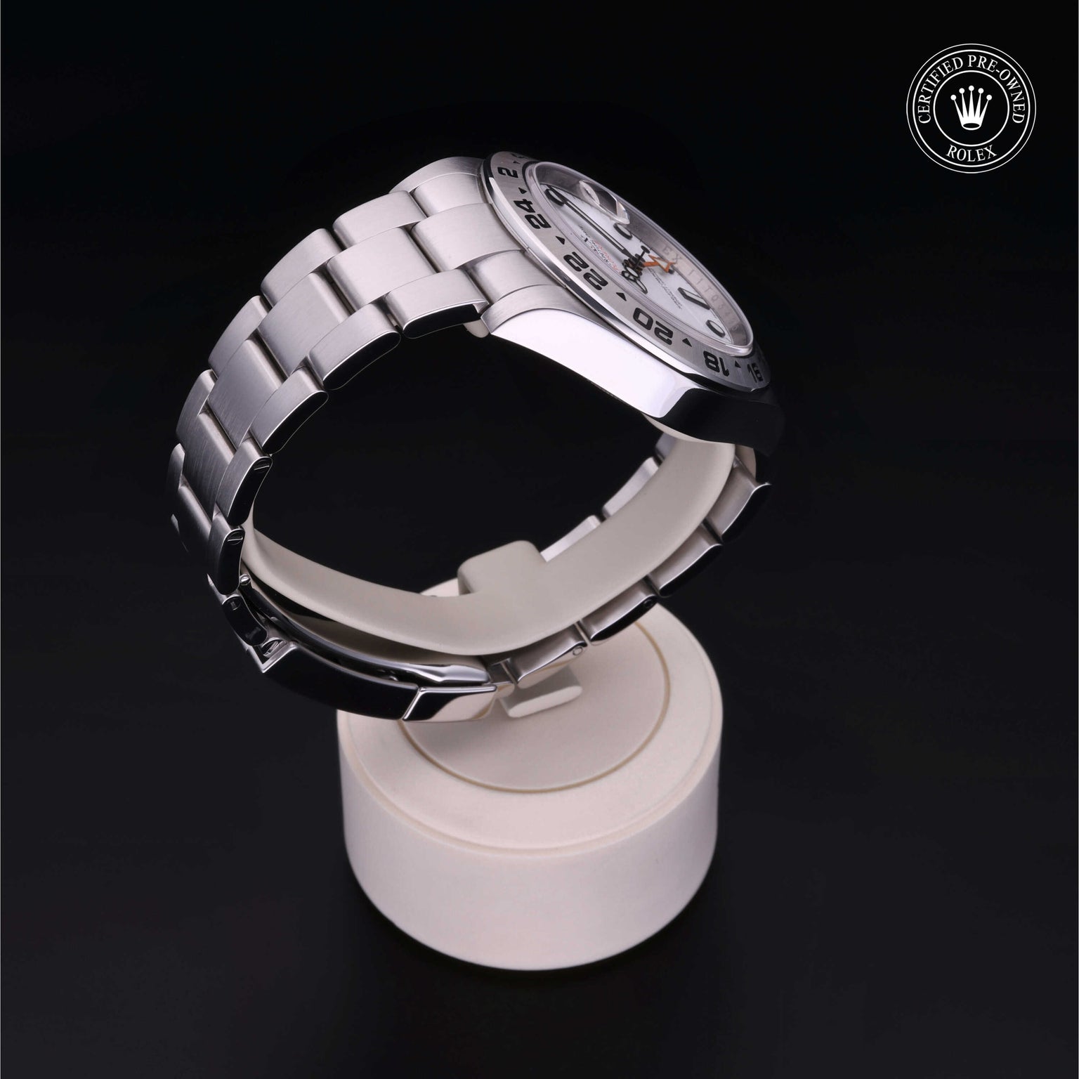 Rolex Certified Pre-owned Explorer II M216570-0001 front on black background