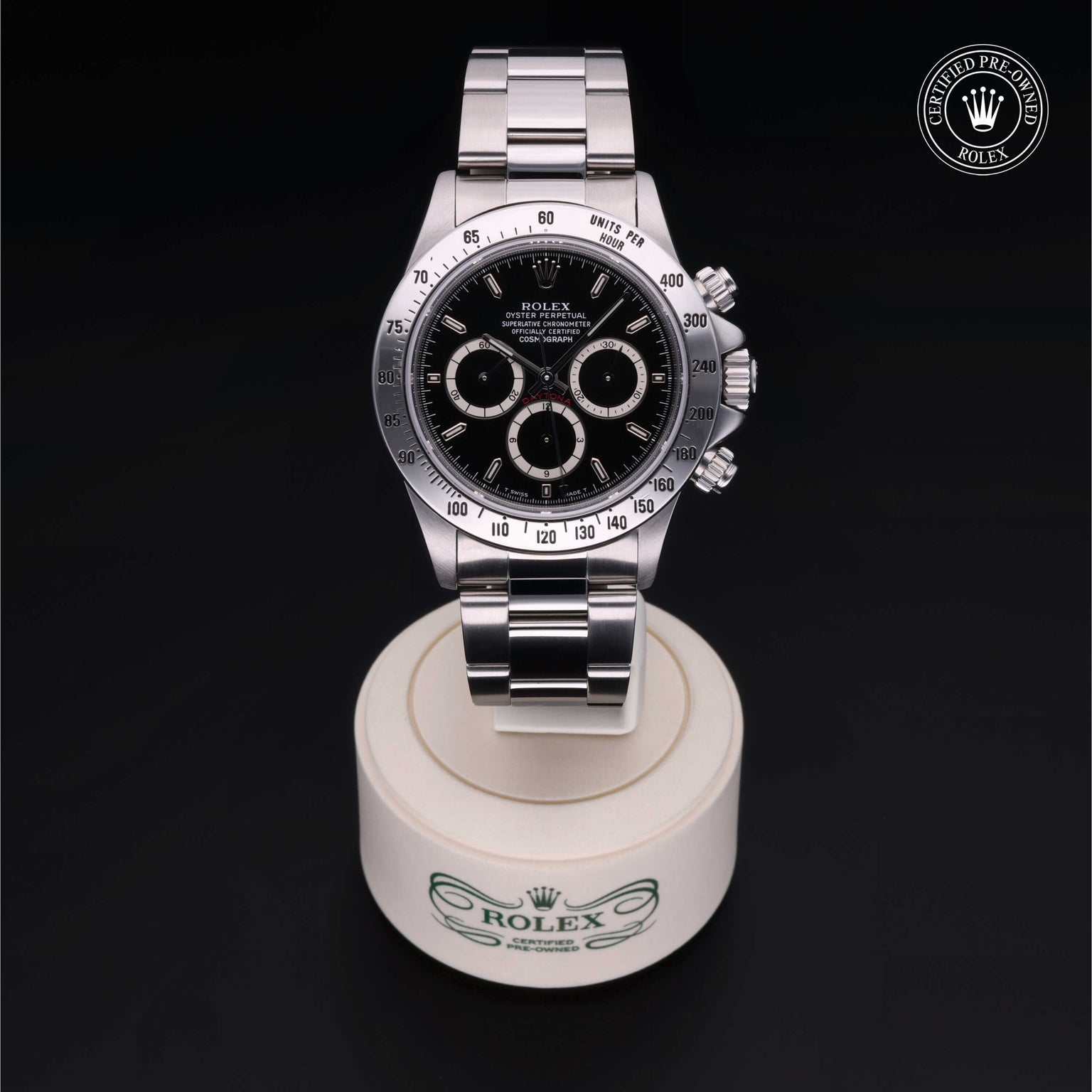 Rolex Certified Pre-owned Daytona M16520-0002 front on black background