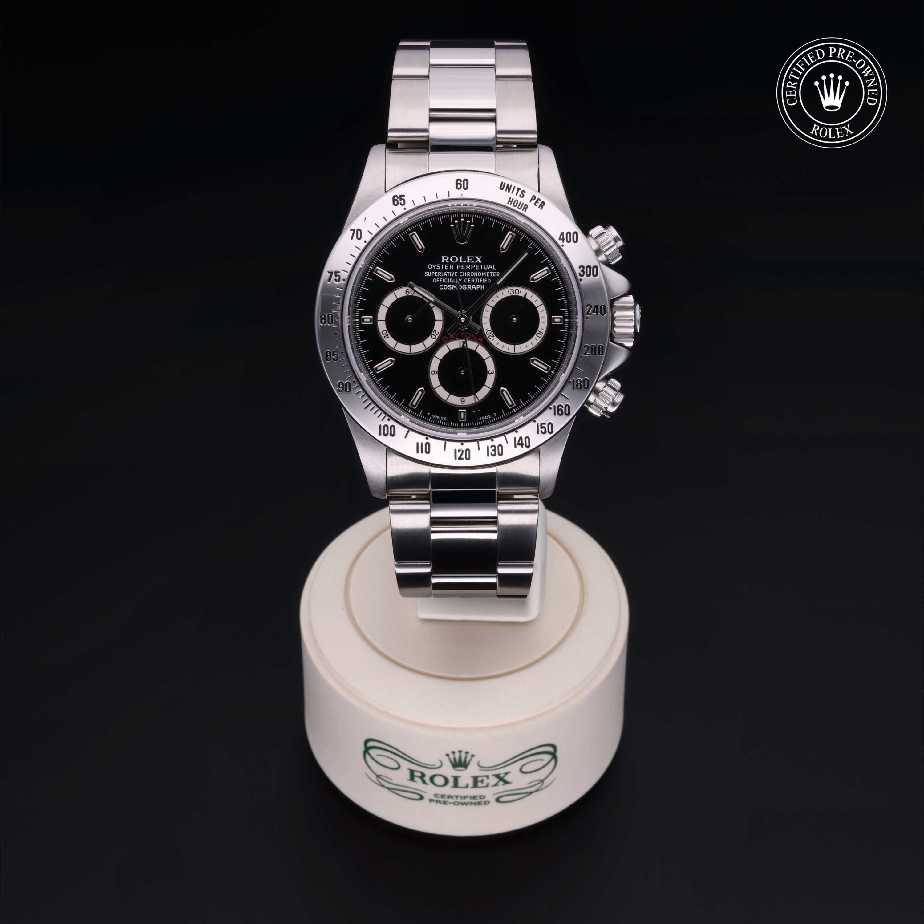 Rolex Certified Pre-owned Daytona M16520-0002 front on black background