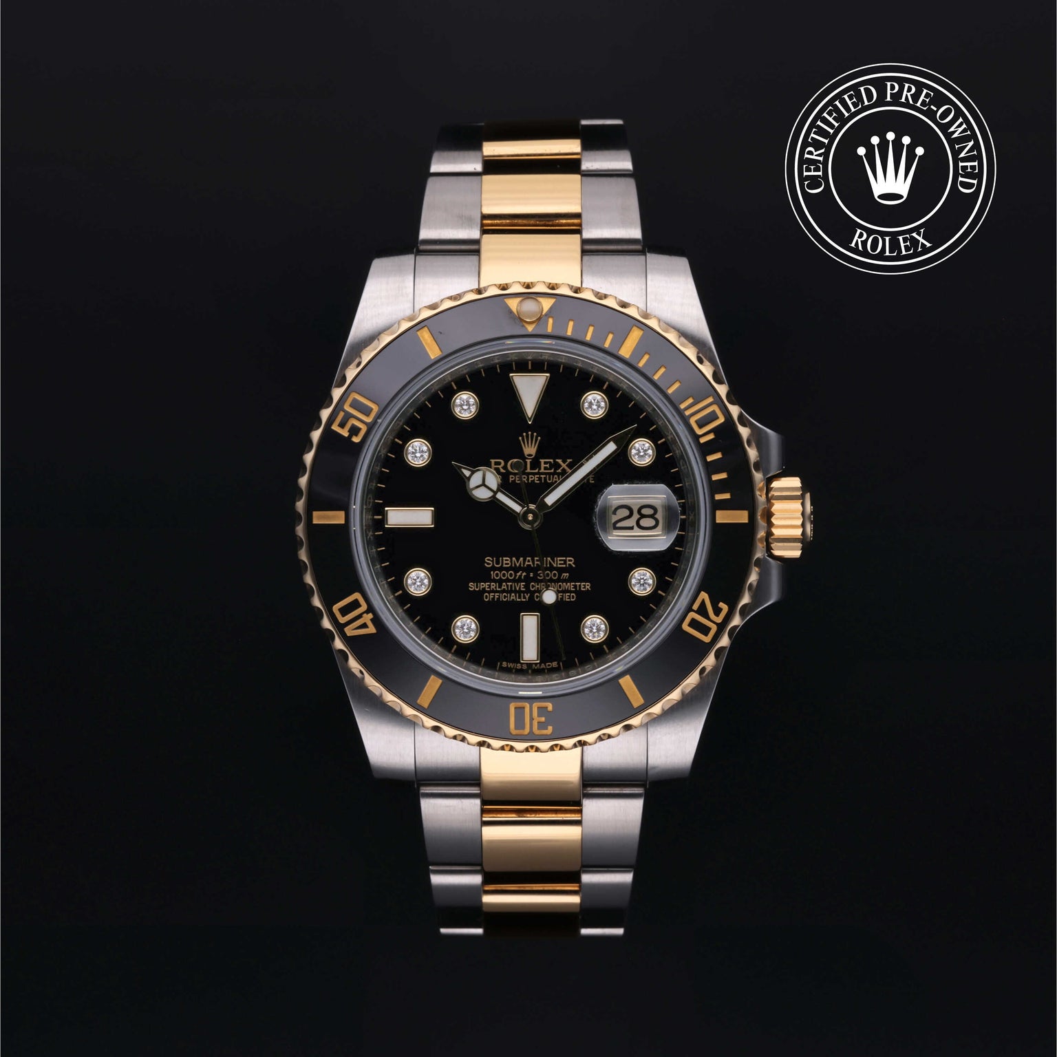 Rolex Certified Pre-owned Submariner Date M116613LN-0003 front on black background
