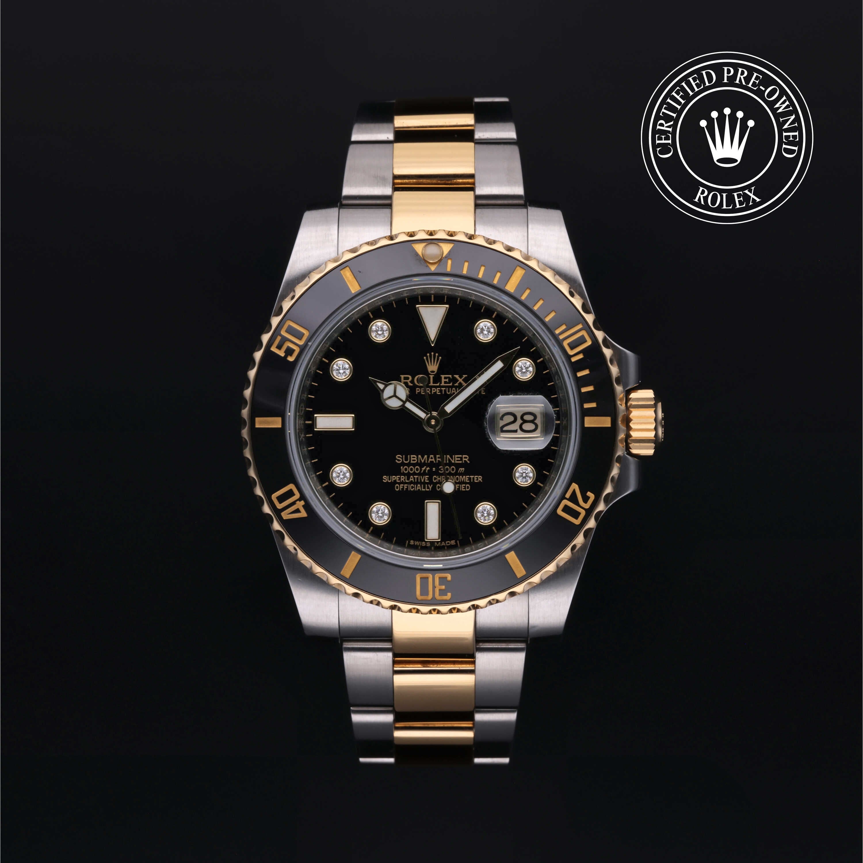 Rolex Certified Pre-owned Submariner Date M116613LN-0003 front on black background