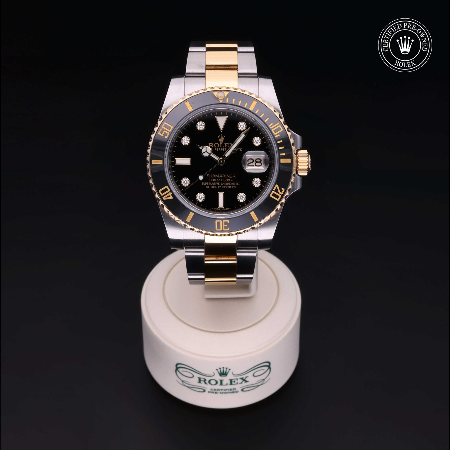 Rolex Certified Pre-owned Submariner Date M116613LN-0003 front on black background