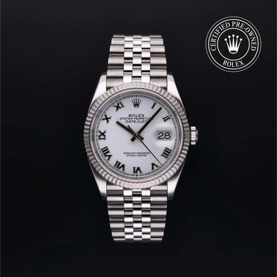 Rolex Certified Pre-owned Datejust M126234-0025 front on black background
