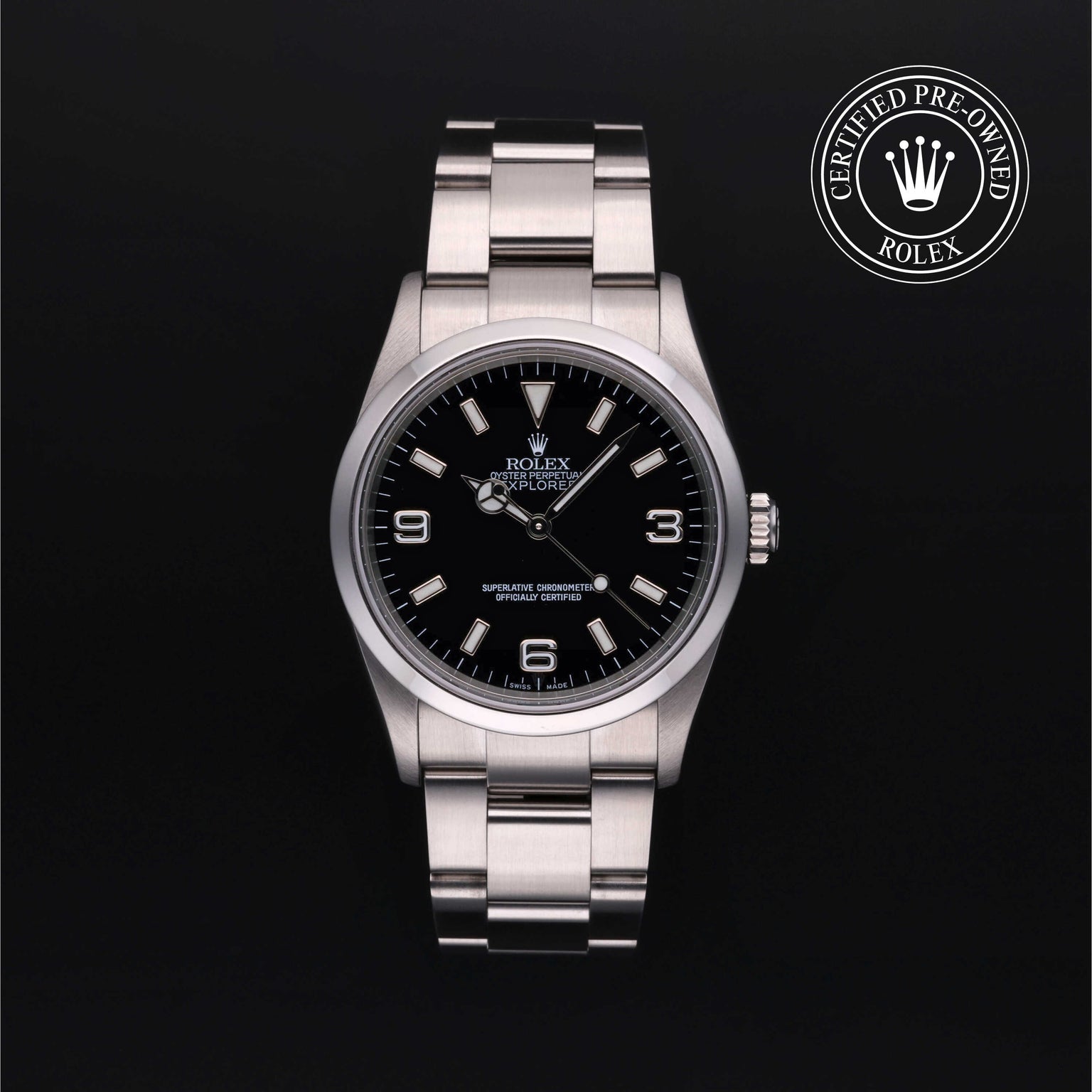 Rolex Certified Pre-owned Explorer M114270-0002 front on black background