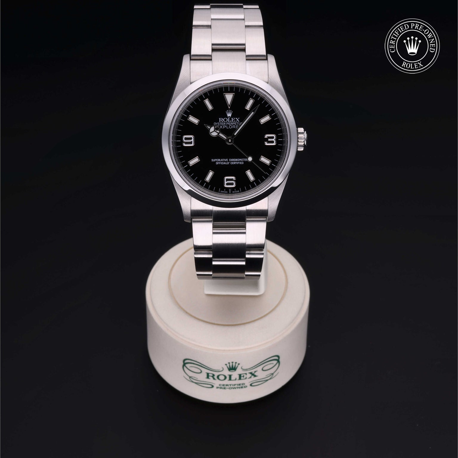 Rolex Certified Pre-owned Explorer M114270-0002 front on black background