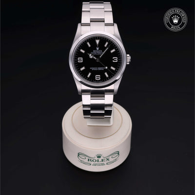 Rolex Certified Pre-owned Explorer M114270-0002 front on black background