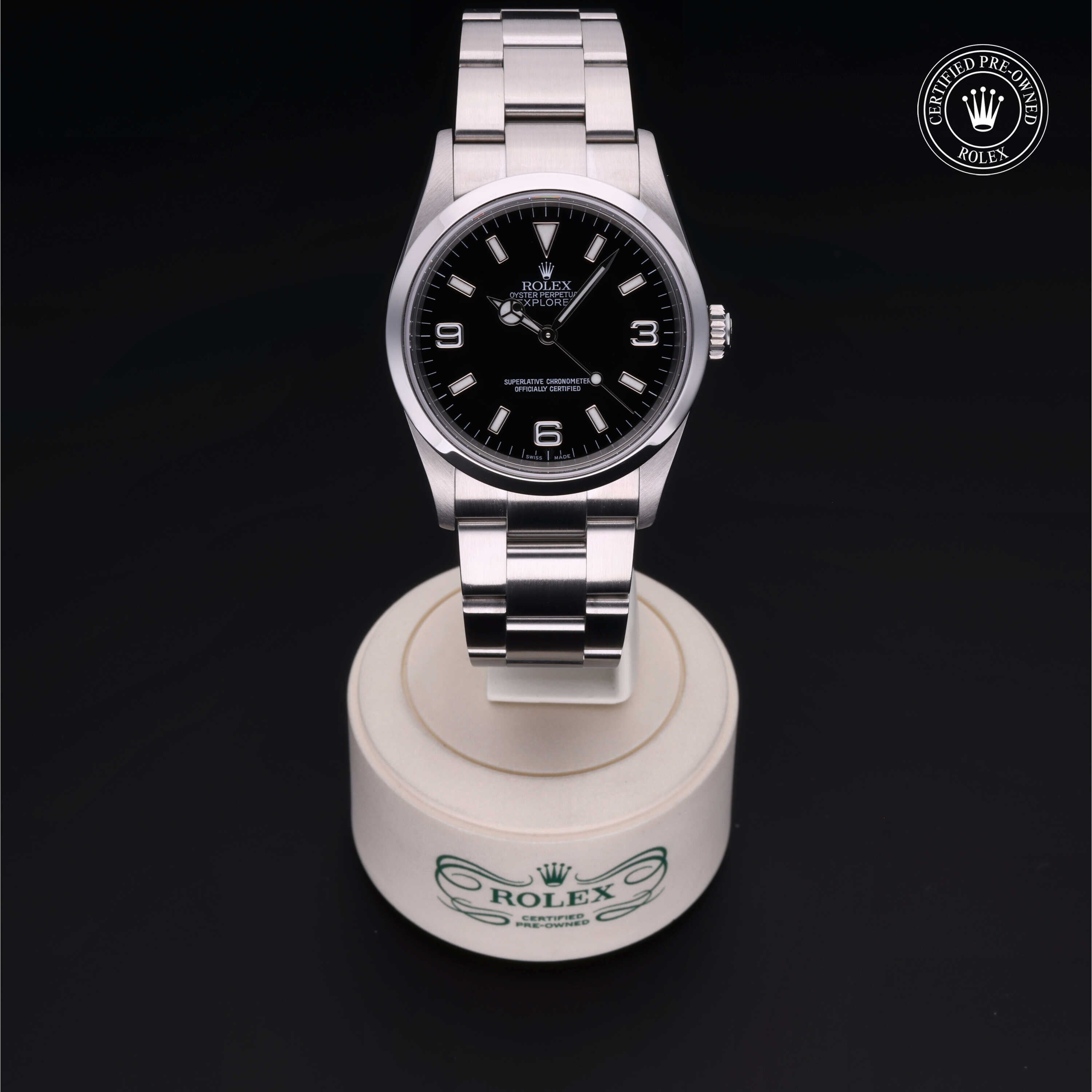 Rolex Certified Pre-owned Explorer M114270-0002 front on black background
