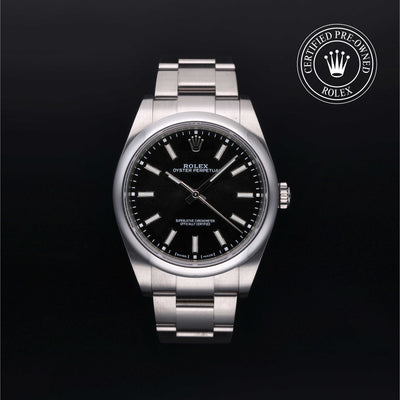 Rolex Certified Pre-owned Oyster Perpetual M114300-0005 front on black background