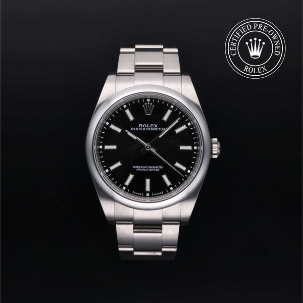 Rolex Certified Pre-owned Oyster Perpetual M114300-0005 front on black background