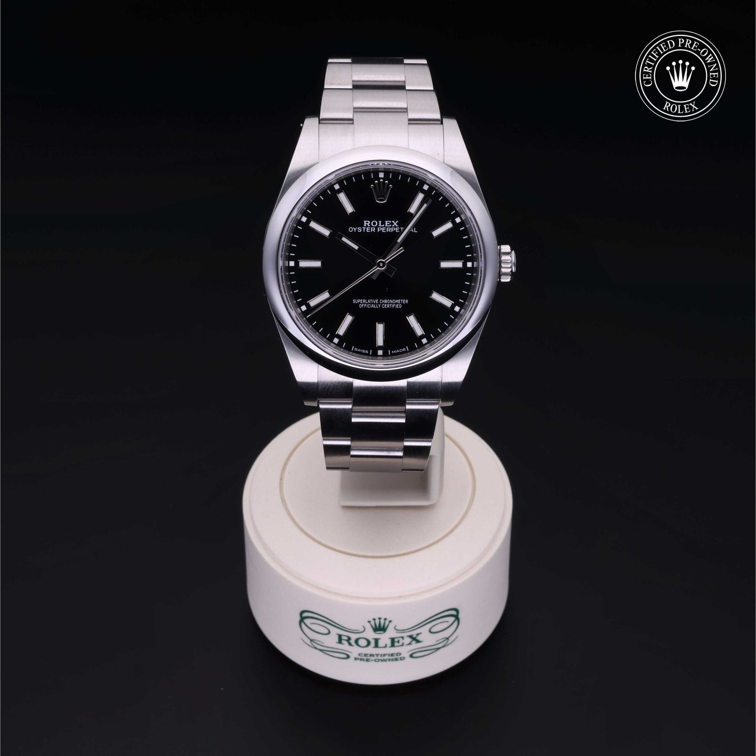 Rolex Certified Pre-owned Oyster Perpetual M114300-0005 front on black background