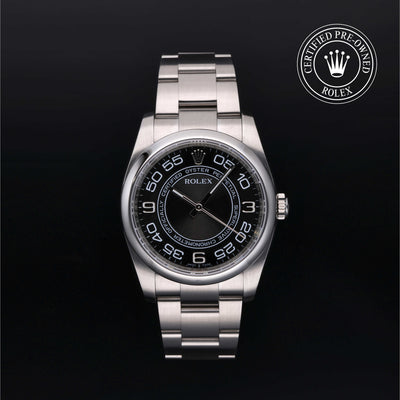 Rolex Certified Pre-owned Oyster Perpetual M116000-0010 front on black background