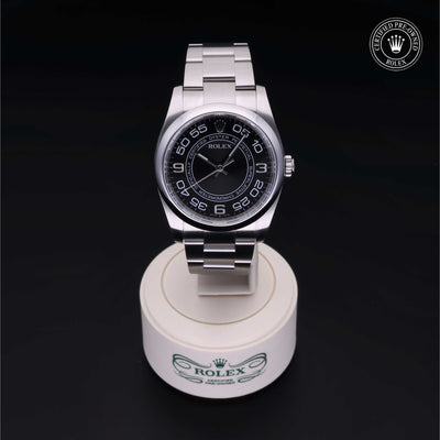Rolex Certified Pre-owned Oyster Perpetual M116000-0010 front on black background