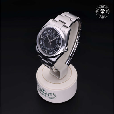 Rolex Certified Pre-owned Oyster Perpetual M116000-0010 front on black background