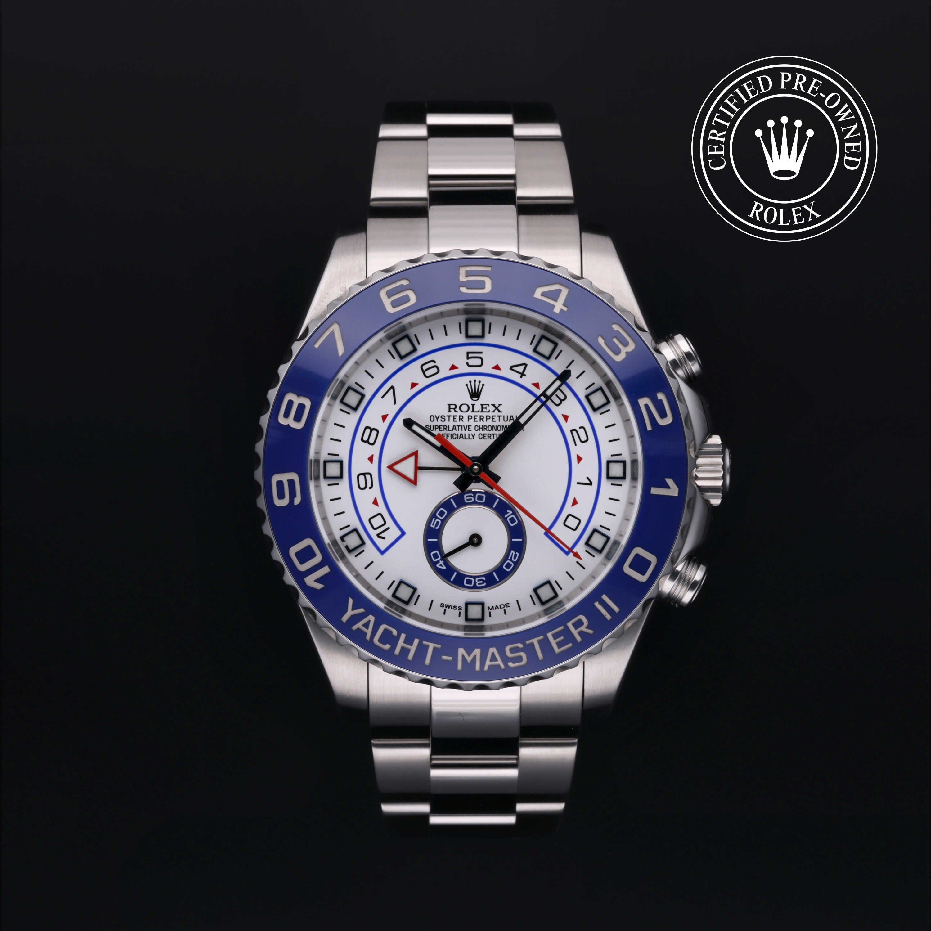Rolex Certified Pre-owned Yacht-Master II M116680-0001 front on black background