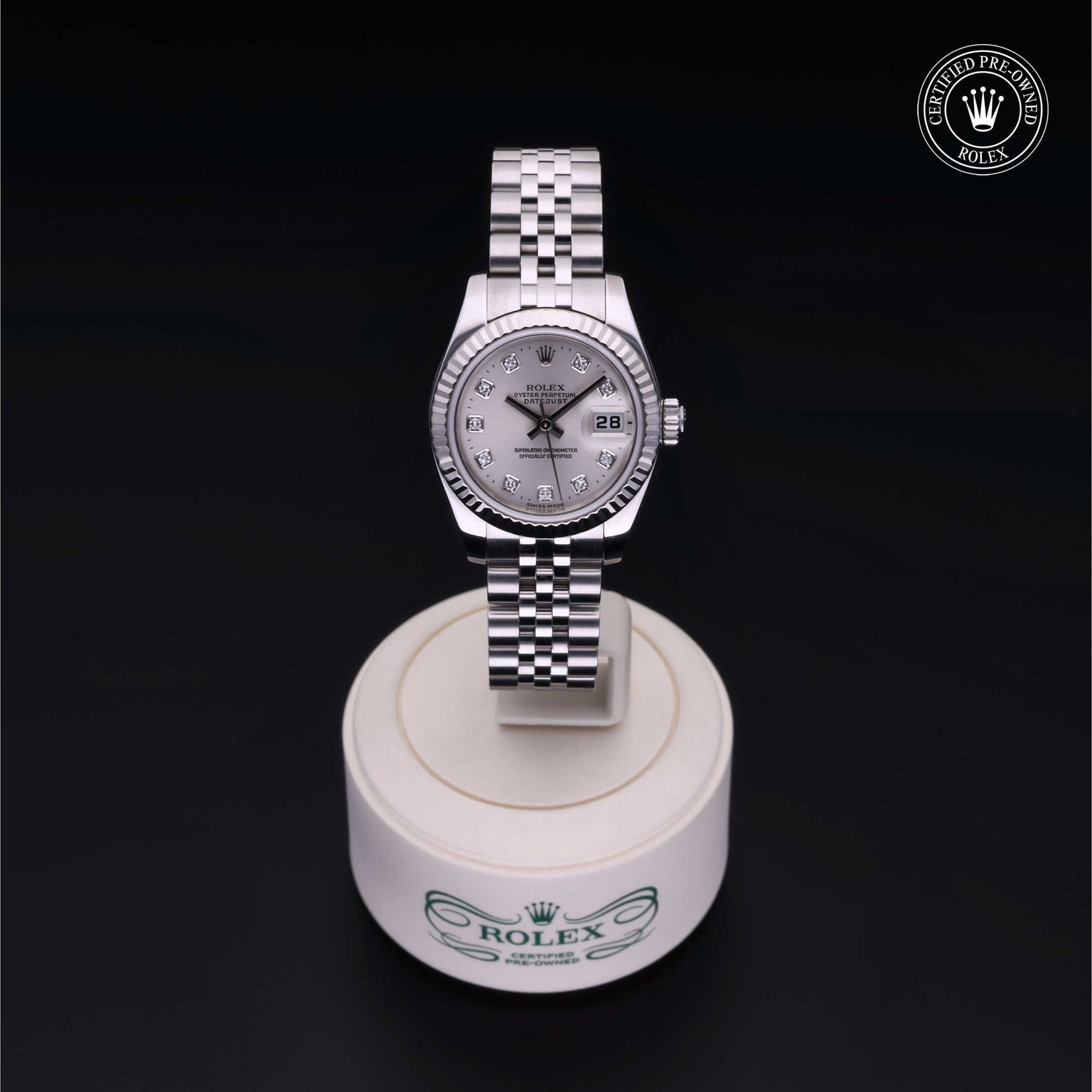 Rolex Certified Pre-owned Lady Datejust M179174-0030 front on black background